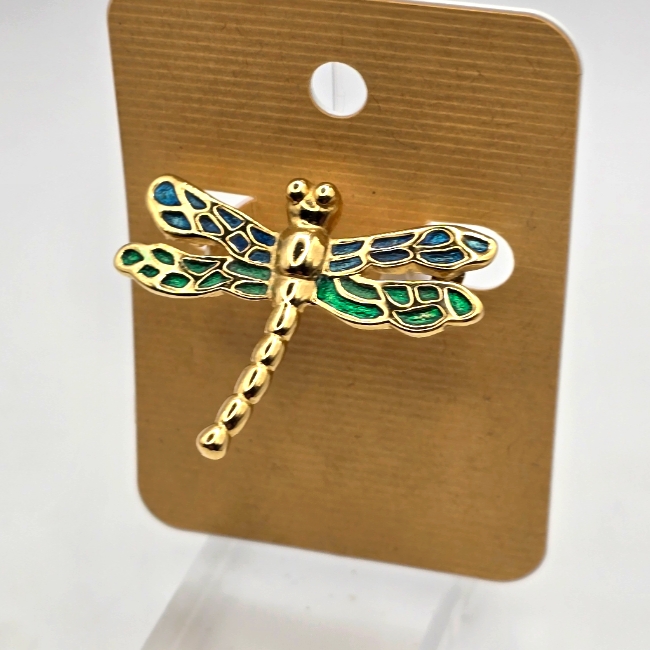 Vintage Roman Dragonfly Pin Brooch Gold Tone Blue Green Enamel